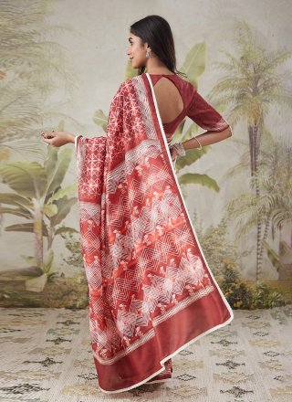 Maroon Print Work Muslin Classic Saree