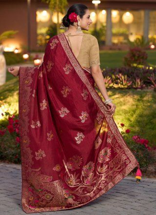 Maroon Pure Dola Designer Sari with Meenakari, Swarovski, Woven and Zari Work