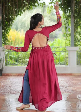 Maroon Rayon Gamthi Work Party Wear Kurti for Women