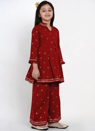 Maroon Rayon Lace and Print Work Designer Kurti