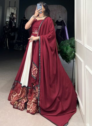 Maroon Rayon Mirror and Print Work Readymade Lehenga Choli