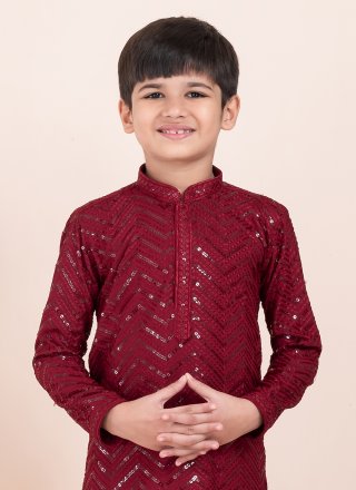 Maroon Rayon Sequins Work Kurta Pyjama for Ceremonial