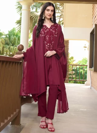 Maroon Satin Readymade Salwar Suit with Embroidered Work for Ceremonial