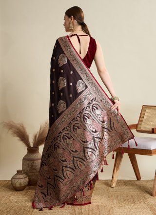 Maroon Satin Silk Woven Work Classic Saree for Ceremonial