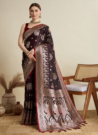 Maroon Satin Silk Woven Work Classic Saree for Ceremonial