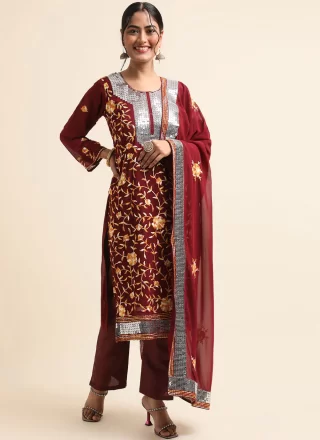 Maroon Sequins and Thread Work Faux Georgette Salwar Suit