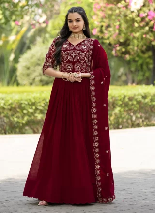 Maroon Shimmer Gown with Embroidered Work