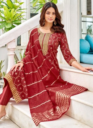 Maroon Shimmer Readymade Style with Embroidered, Foil Print and Zari Work for Casual