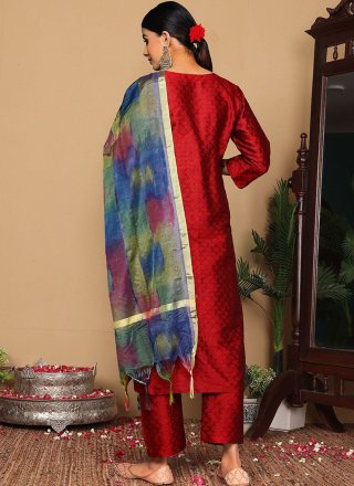Maroon Silk Blend Embroidered Work Pant Style Suit