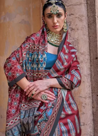 Maroon Silk Classic Saree with Block Print and Paisley Print Work