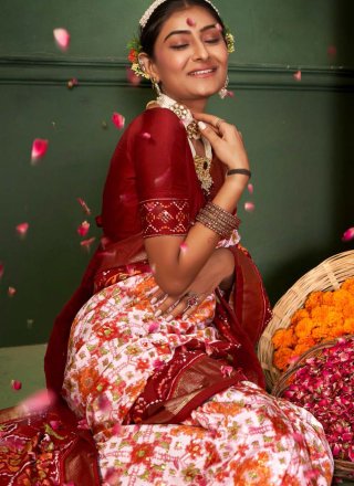 Maroon Silk Classic Sari with Jacquard and Print Work for Ceremonial