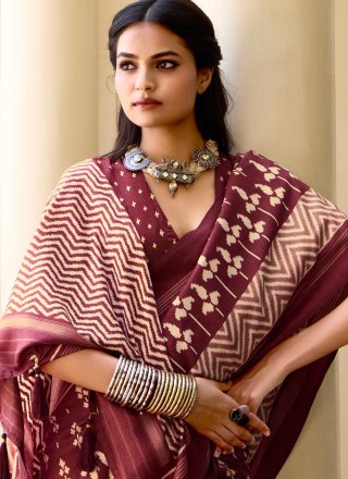 Maroon Silk Contemporary Saree with Print Work for Ceremonial