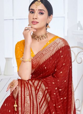 Maroon Silk Contemporary Saree with Woven and Zari Work