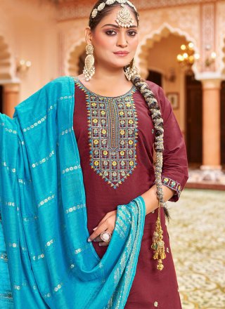 Maroon Silk Embroidered and Sequins Work Readymade Salwar Suit