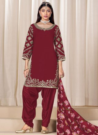 Maroon Silk Embroidered, Mirror and Zari Work Punjabi Salwar Suit