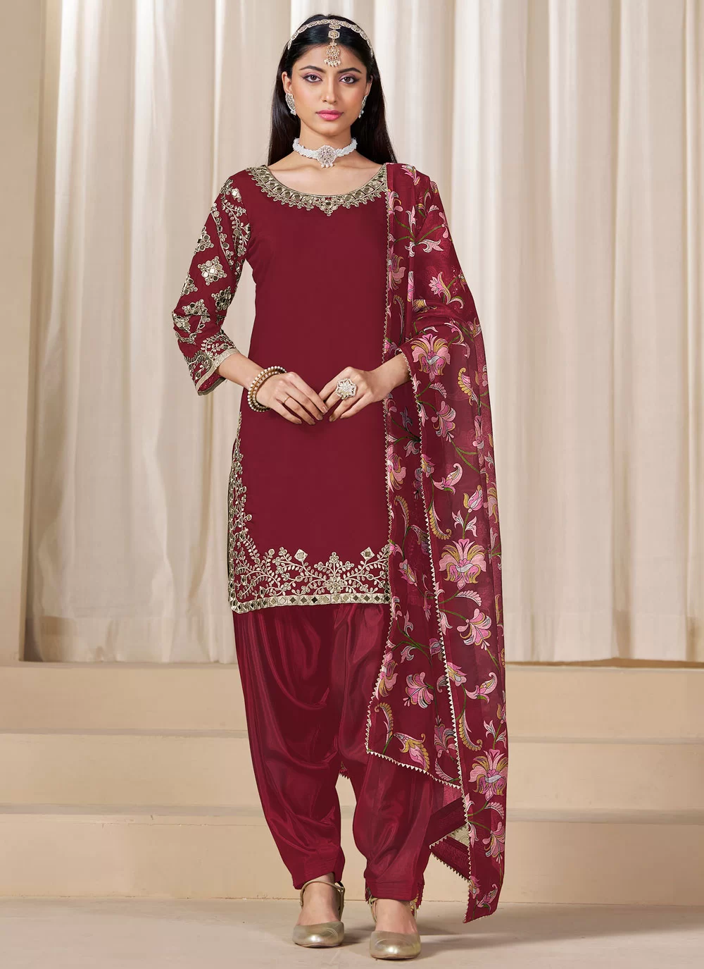 Buy Maroon Silk Embroidered, Mirror and Zari Work Punjabi Salwar