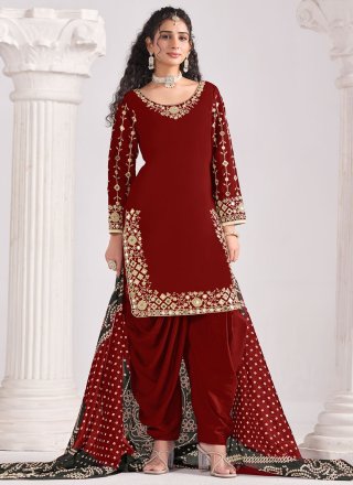 Maroon Silk Embroidered, Mirror and Zari Work Salwar Suit for Ceremonial