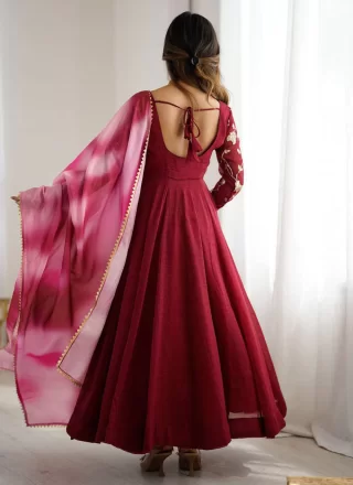 Maroon Silk Embroidered Work Anarkali Suit