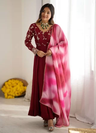 Maroon Silk Embroidered Work Anarkali Suit