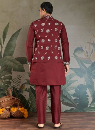 Maroon Silk Embroidered Work Kurta Payjama with Jacket for Ceremonial