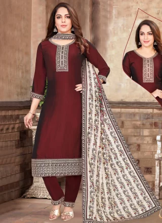 Maroon Silk Embroidered Work Salwar Suit for Ceremonial