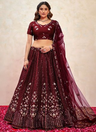 Maroon Silk Lehenga Choli with Embroidered and Sequins Work Maroon Silk Lehenga Choli with Embroidered and Sequins Work