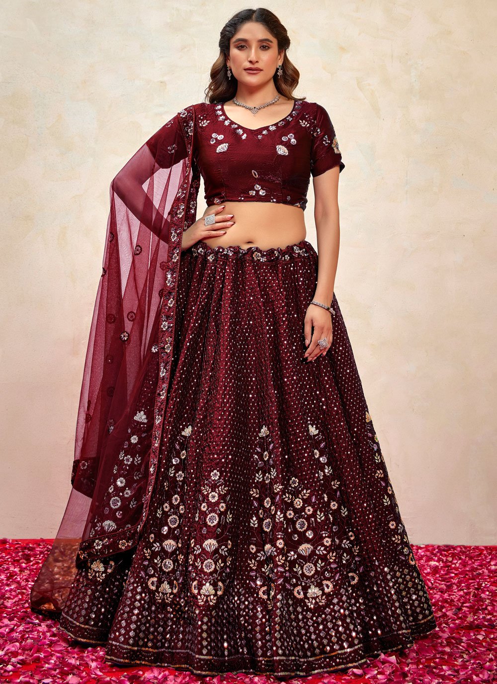 Maroon Silk Lehenga Choli with Embroidered and Sequins Work Maroon Silk Lehenga Choli with Embroidered and Sequins Work