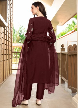Maroon Silk Pant Style Suit with Embroidered Work for Women