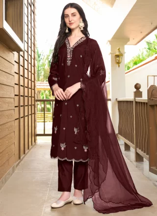 Maroon Silk Pant Style Suit with Embroidered Work for Women