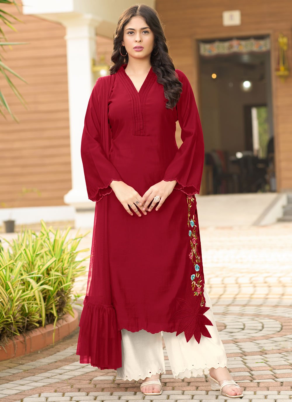 Buy Maroon Silk Readymade Salwar Suit with Embroidered Work Online
