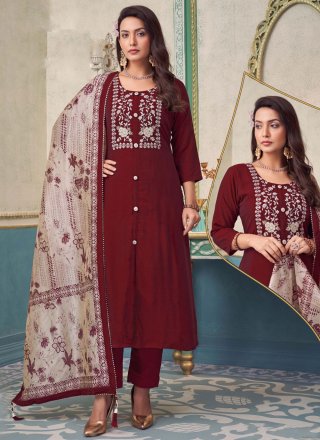 Maroon Silk Readymade Salwar Suit with Embroidered Work