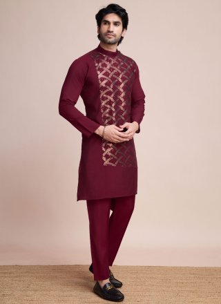 Maroon Silk Sequins and Thread Work Kurta Mens Wear for Ceremonial