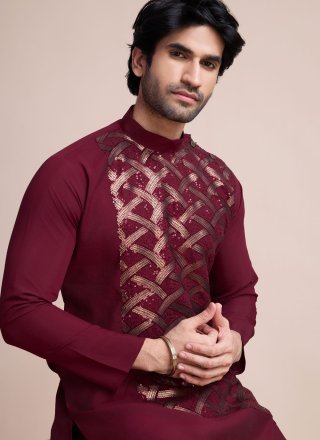 Maroon Silk Sequins and Thread Work Kurta Mens Wear for Ceremonial