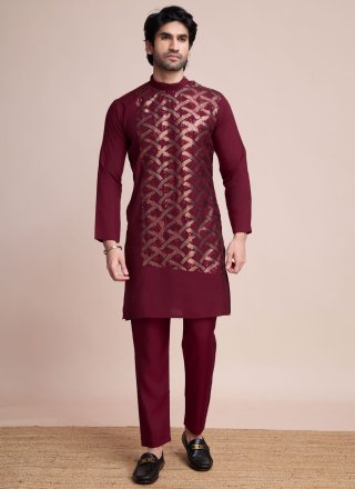 Maroon Silk Sequins and Thread Work Kurta Mens Wear for Ceremonial