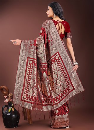 Maroon Silk Weaving Work Classic Sari