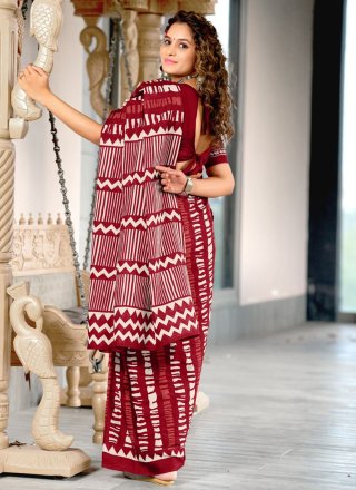 Maroon Soft Cotton Print Work Designer Saree for Casual