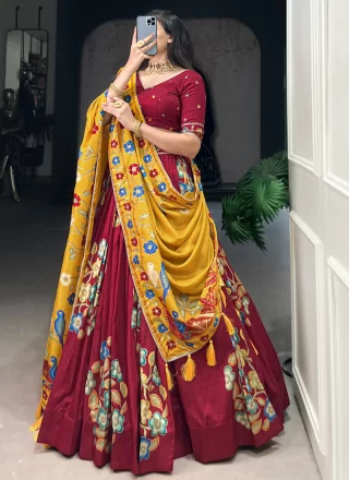 Maroon Tussar Silk Lehenga Choli