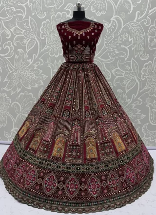Maroon Velvet A - Line Lehenga Choli with Dori, Multi, Sequins, Thread, Zari and Zircon Work