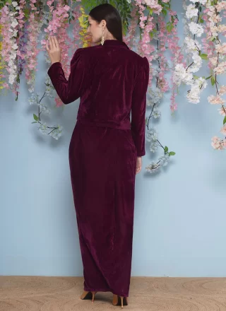 Maroon Velvet Designer Gown with Embroidered Work