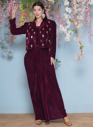 Maroon Velvet Designer Gown with Embroidered Work