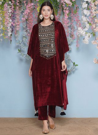 Maroon Velvet Designer Gown with Embroidered Work