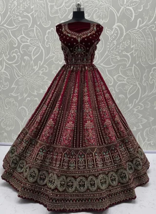 Maroon Velvet Diamond, Dori, Embroidered, Fancy, Hand, Mirror, Sequins and Zari Work Lehenga Choli for Bridal