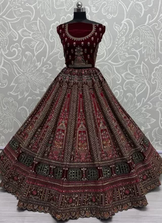 Maroon Velvet Diamond, Dori, Embroidered, Mirror, Multi, Sequins, Thread and Velvet Patch Work Lehenga Choli