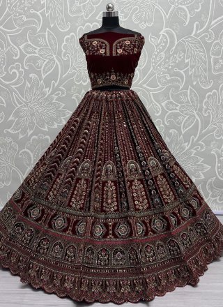 Maroon Velvet Diamond, Dori, Embroidered, Multi, Sequins, Thread and Zari Work Lehenga Choli for Bridal