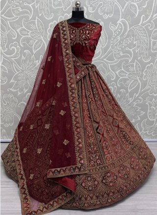 Maroon Velvet Diamond, Dori, Fancy, Multi, Patch Border, Sequins and Thread Work A - Line Lehenga Choli