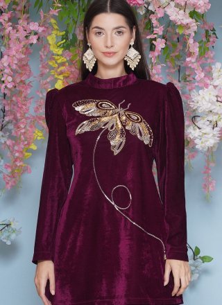 Maroon Velvet Embroidered Work Designer Gown