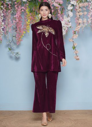Maroon Velvet Embroidered Work Designer Gown