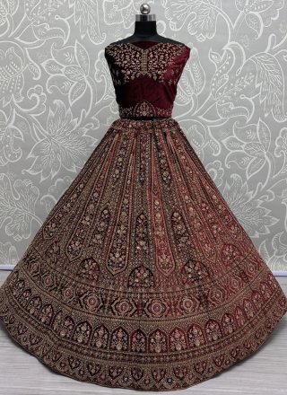 Maroon Velvet Lehenga Choli with Diamond, Dori, Embroidered, Fancy, Multi, Patch Border, Sequins and Thread Work