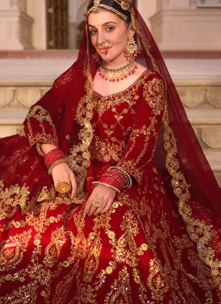 Maroon Velvet Lehenga Choli with Embroidered and Stone Work for Ceremonial