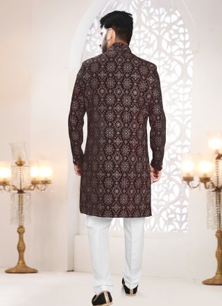 Maroon Velvet Print Work Indo Western Sherwani for Ceremonial